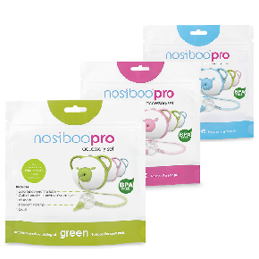 3 packages of the blue, pink, and green Nosiboo Pro Accessory Set.